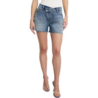 Good American Good Girlfriend Raw Hem Crossover Waist Denim Shorts in Indigo804 at Nordstrom Rack, Size 10
