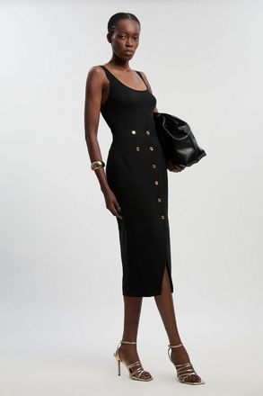 Karen Millen Womens Textured Compact Stretch Button Detail Midi Skirt - Black - Size 12 UK