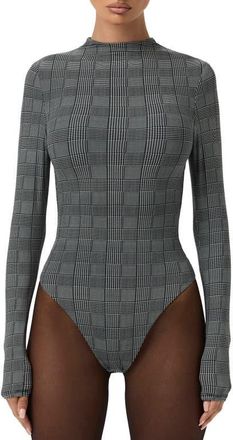 Naked Wardrobe Naked Snakeskin Print Long Sleeve Bodysuit in Houndstooth Plaid at Nordstrom, Size Medium