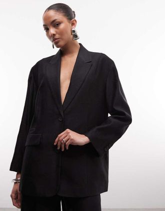 AllSaints Charley - Blazer sartoriale in misto lino nero in coordinato