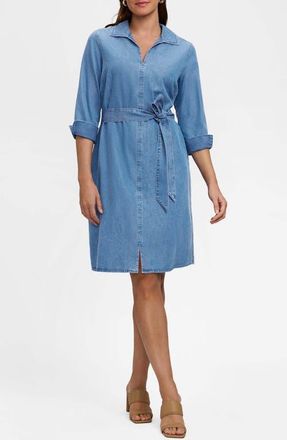 Foxcroft Agnes Tie Waist Denim Shirtdress in Bleach Wash Blue at Nordstrom, Size X-Small