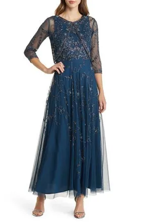 Pisarro Nights Beaded Mesh Gown with Jacket in Sapphire 430 at Nordstrom Rack, Size 14