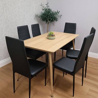 Kosy Koala Dining Table Set with 6 Black Faux Leather Chairs | Size: 120 cm x 70 cm