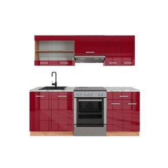 Vicco Mueble De Cocina R-line, Burdeos Brillo Intenso/roble Dorado, 200 Cm, Et M&aacute;rmol, Vicco