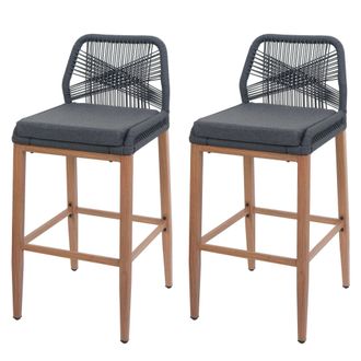 Hhg Hhg - Nunca Usado] Juego De 2 Taburetes De Bar De Cuerda 982, Asiento De Exterior De Cuerda De Metal Imitaci&oacute;n Madera, Antracita, Coj&iacute;n Gris Oscuro