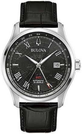 Bulova Automatikuhr Armbanduhr, Mechansiche Uhr, Herrenuhr, GMT, Lederarmband, Saphirglas