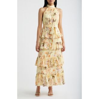 Anne Klein Tiered Ruffle Sleeveless Chiffon Maxi Dress in Daffodil Multi at Nordstrom, Size 14