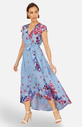 Yumi Floral Mirror Dip Hem Wrap Dress in Blue at Nordstrom, Size 20