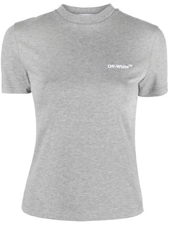 Off-white Helvetica logo-print T-shirt - women - Cotton - 36 - Grey