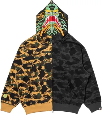 A Bathing Ape BAPE X Clot Camo Split Shark Relaxed Fit Full Zip Hoodie Black 0ZXSWM917151P-BLK