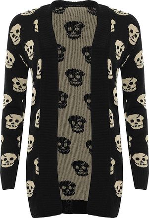 Generic Womens Skull Printed Long Sleeves Knitted Cardigan, Ladies Soft & Cosy Winter Ribbed Edge Trim Warm Chunky Knit Skeleton Open Front Halloween Top Jump