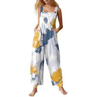 Generic Dungarees Women, Womens Jumpsuit Casual Loose Bib Overalls Elegant Boho Floral Plus Size Wide Leg Jumpsuits with Pockets 04-Yellow XXL