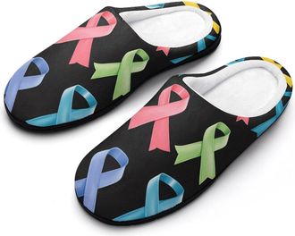 Generic Cancer Awareness Ribbons Mens Slippers Slip On Comfortable Fleece Cotton House Shoes Winter