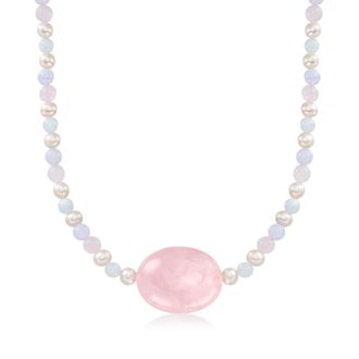 Ross-Simons Rose Quartz and Pastel Multi-Gemstone Bead Necklace With 6-6.5mm Cultured Pearls in 18kt Gold Over Sterling
