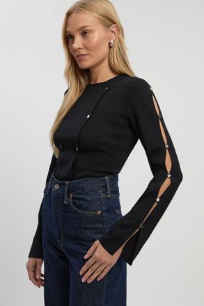 Karen Millen Womens Viscose Blend Stud Detail Long Sleeve Knit Top - Black Polyamide - Size X-Small