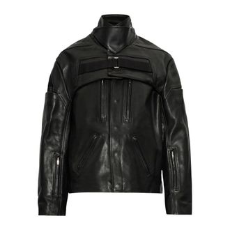 Rick Owens Jassen, Heren, Zwart, L, Katoen, Leren jas met kraag