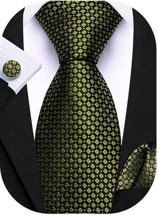Barry.Wang Mens Olive Green Ties Plaid 63inch Extra Long Necktie Silk Pocket Square Cufflinks Wedding Formal