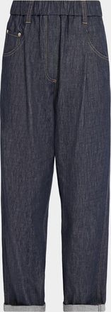 Brunello Cucinelli Pleated Straight-Leg Ankle Pull-On Jeans