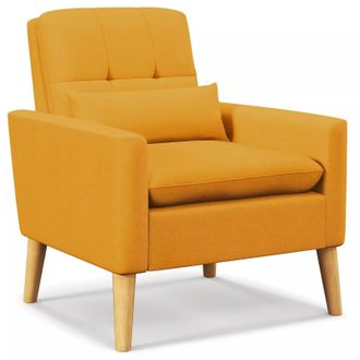 Costway Costway Mid-century Modern Accent Chair Linen Fabric Reading Armchair w/Pillow in Yellow