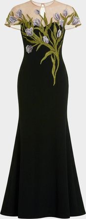 Mac Duggal Petite Floral-Embroidered Illusion-Neck Gown