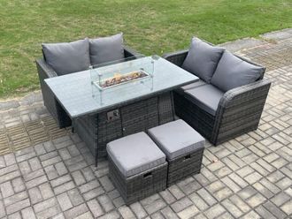 Fimous 6 Seater Rattan Outdoor Garden Furniture Sofa Set Gas Fire Pit Dining Table Gas Heater with Love Sofa 2 Small Footstool in Dark Grey