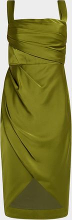 Theia Genevive Draped Square-Neck Satin Dress