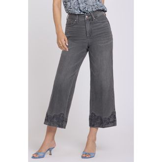 NYDJ Teresa Floral Hem High Waist Ankle Wide Leg Jeans in Dusty Ash at Nordstrom, Size 12P