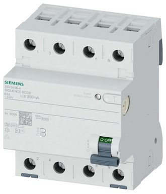 SIEMENS Interruptor Diferencial, 4 Polos, Tipo B, De Retardo Corto, In: 63 A, 300 Ma, 5sv36464