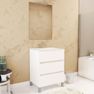 Aurlane Aurlane - Pack Mueble de Baño 60 cm Blanco 3 cajones, Lavabo, Espejo 60x80 y Aplique Led