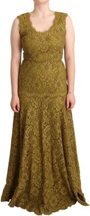 Dolce & Gabbana Maxi-jurk met bloemenkant tot op de grond - Dames - Avondkleed - Bruin - S - Katoen - Kleedjes