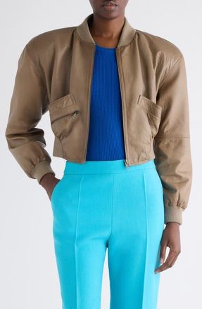 Chlo&eacute; Crop Leather Bomber Jacket in Baobab Brown at Nordstrom, Size 14 Us