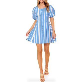 Flying Tomato Stripe Puff Sleeve Fit & Flare Minidress in Ivory Blue at Nordstrom Rack, Size Medium