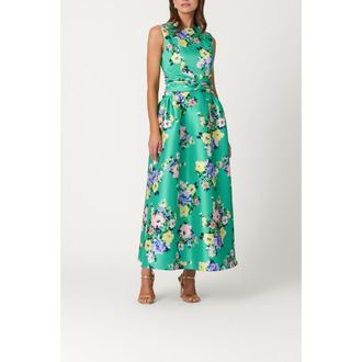Shoshanna Midnight Bouquet Floral Mikado Estrella Dress in Vibrant Green Multi at Nordstrom, Size 12