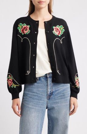 The Great. Heirloom Rose Cotton & Wool Cardigan in Black at Nordstrom, Size 2