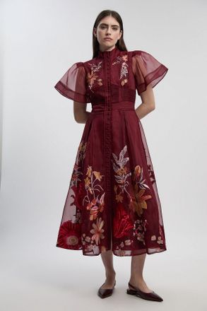 Karen Millen Womens Botanical Embroidery Organdie Angel Sleeve Midi Dress - Purple - Size 10 UK