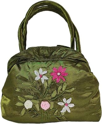 Generic Ethnic Style Tote Bag, Small Purse Wallet, Embroidery Flower Satin Silk Handbag, Zipper Flower Wrist Bag for Women Phone Cosmetic(dark green)