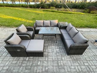 Fimous Rattan Outdoor Garden Furniture Sofa Set Patio Table & Chairs Set with 3 Seater Sofa Rectangular Dining Table in Dark Grey