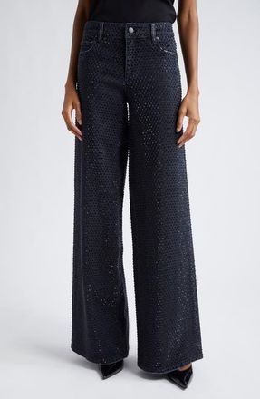 Alice & Olivia Trish Embellished Baggy Jeans in Maya Charcoal Black/Black at Nordstrom, Size 28