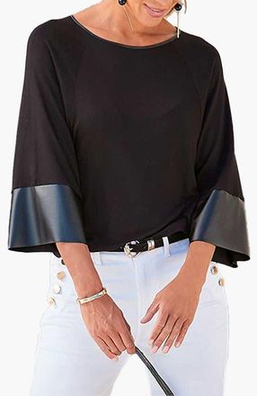 Lascana Womens Dolman Sleeve Leather Trim Top in Black at Nordstrom, Size 6