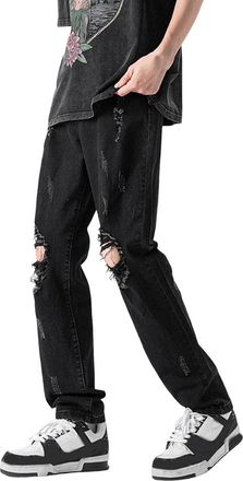Generic Ripped Jeans Mens Baggy Stretch Work Jeans Street Rock Style Loose Fit Denim Pants Mens Elasticated Waist Trousers Smart Streetwear Outwear for Men,Bl