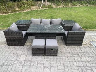 Fimous Rattan Garden Furniture Adjustable Rising Lifting Dining Table Sofa Set Chairs 2 Side Coffee Tables with 2 Stools in Dark Grey