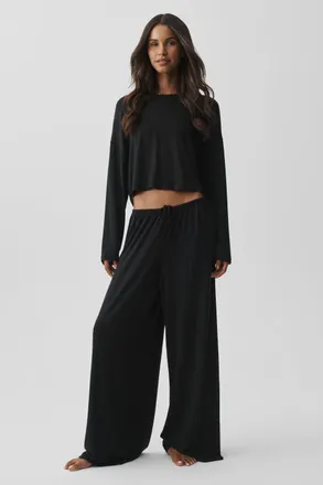 Alo | Semi Sheer High-Waist Oasis Wide Leg Pants (Regular) in Black, Size: Medium