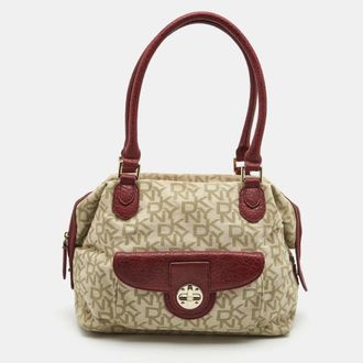 DKNY Dkny Red/beige Monogram Canvas And Leather Turnlock Pocket Satchel