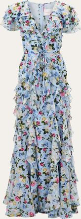 Carolina Herrera Floral Ruffle Chiffon Short-Sleeve Maxi Dress