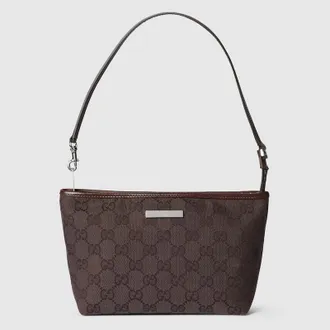 Gucci Small Pouch With Strap And Gucci Plaque, Beige, GG Canvas