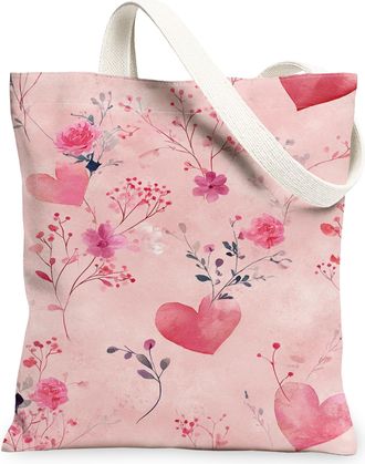 Generic Floral Heart Canvas Tote Bags, Flower Design Reusable Grocery Bags, Spring Vintage Chic Washable Shoulder Strap Canvas for, Peach, 13x15 Inch