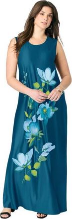 Roaman's Plus Size Sleeveless Crew Neck Maxi Dress in Deep Lagoon Floral at Nordstrom, Size 40
