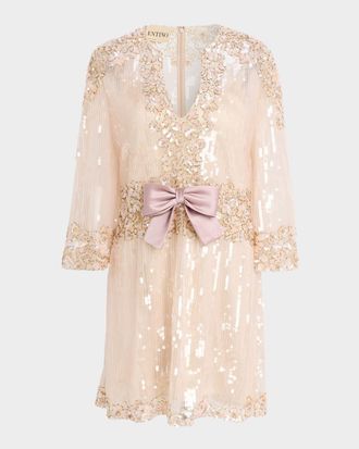 Valentino Garavani Bow-Front Long-Sleeve Sequined Tulle Mini Dress