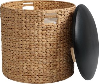 Happimess Josie 18 Modern Coastal Hand-Woven Hyacinth Storage Ottoman with Lid, Natural/Black