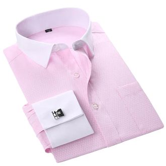Generic Mens Business Contrast Collar French Cuff Dress Shirts Single Patch Pocket Long Sleeve Social Wedding Shirt